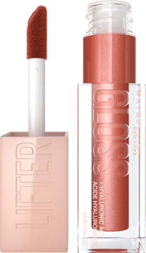 Maybelline Lifter Gloss, brzoskwiniowy błyszczyk z kwasem hialuronowym, widok tubki i aplikatora.