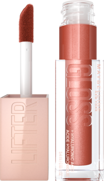 Maybelline Lifter Gloss, brzoskwiniowy błyszczyk z kwasem hialuronowym, widok tubki i aplikatora.
