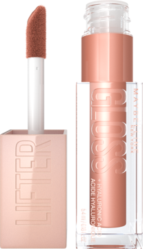 Błyszczyk Maybelline Lifter Gloss z kwasem hialuronowym w odcieniu nude, z otwartą buteleczką i aplikatorem.