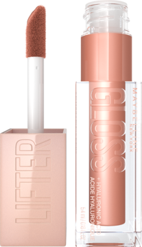 Błyszczyk Maybelline Lifter Gloss z kwasem hialuronowym w odcieniu nude, z otwartą buteleczką i aplikatorem.