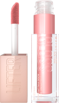 Brzoskwiniowy błyszczyk Maybelline Lifter Gloss z kwasem hialuronowym, widok butelki i aplikatora.
