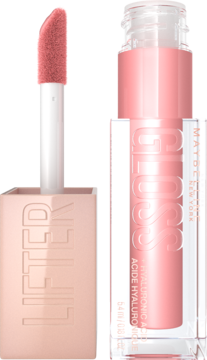 Brzoskwiniowy błyszczyk Maybelline Lifter Gloss z kwasem hialuronowym, widok butelki i aplikatora.