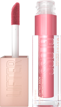 Maybelline Lifter Gloss, różowy błyszczyk z kwasem hialuronowym, widok otwartej tubki z gąbkowym aplikatorem obok.