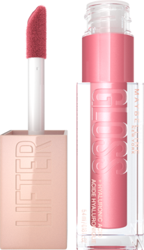 Maybelline Lifter Gloss, różowy błyszczyk z kwasem hialuronowym, widok otwartej tubki z gąbkowym aplikatorem obok.