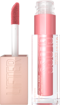 Różowy błyszczyk Maybelline Lifter Gloss z kwasem hialuronowym. Butelka obok aplikatora z produktem.