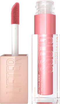 Różowy błyszczyk Maybelline Lifter Gloss z kwasem hialuronowym. Butelka obok aplikatora z produktem.