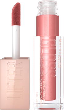 Maybelline Lifter Gloss z kwasem hialuronowym. Jasnoróżowy błyszczyk w otwartej tubce i zamkniętej butelce.