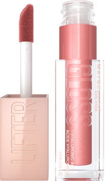 Maybelline Lifter Gloss z kwasem hialuronowym. Jasnoróżowy błyszczyk w otwartej tubce i zamkniętej butelce.