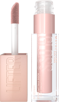 Maybelline Lifter Gloss, jasnoróżowy błyszczyk z kwasem hialuronowym w przezroczystym opakowaniu, otwarty z aplikatorem.