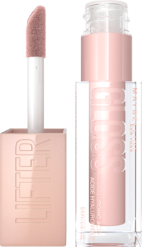 Maybelline Lifter Gloss, jasnoróżowy błyszczyk z kwasem hialuronowym w przezroczystym opakowaniu, otwarty z aplikatorem.