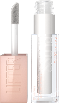 Transparentny błyszczyk Maybelline Lifter Gloss z kwasem hialuronowym. Butelka i aplikator ustawione obok siebie.