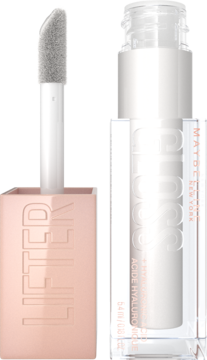 Transparentny błyszczyk Maybelline Lifter Gloss z kwasem hialuronowym. Butelka i aplikator ustawione obok siebie.