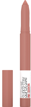 Maybelline Super Stay Ink Crayon, beżowa matowa pomadka w kredce z odkrytą końcówką i odłożoną zatyczką.