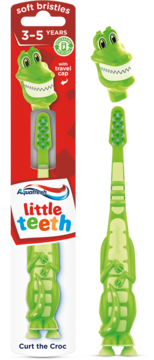 Aquafresh Little Teeth szczoteczka dla dzieci 3-5 lat, zielony krokodyl w opakowaniu i luzem. Miękkie włosie, z nasadką.