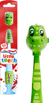 Aquafresh Little Teeth, zielona szczoteczka dinozaur 3-5 lat, w czerwonym opakowaniu, z bliska obok.
