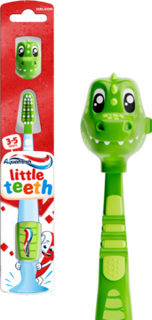 Aquafresh Little Teeth, zielona szczoteczka dinozaur 3-5 lat, w czerwonym opakowaniu, z bliska obok.