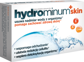Hydrominum +Skin suplement diety w białym pudełku, widok pod kątem, z grafiką wody i tekstem o usuwaniu nadmiaru wody.