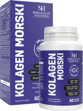 Suplement diety Noble Health Kolagen Morski 60 kapsułek, butelka i pudełko. Wspiera włosy, skórę, paznokcie.