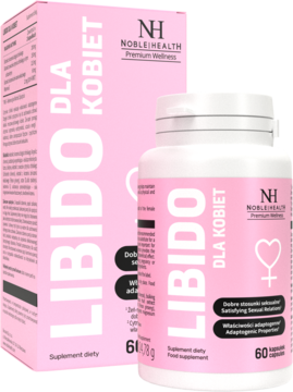 Noble Health Libido dla kobiet, biała butelka 60 kapsułek i różowe pudełko, widok z przodu pod kątem.
