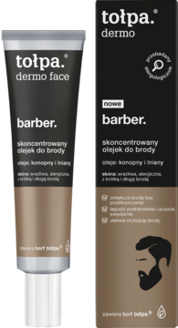 Tołpa dermo face barber. Skoncentrowany olejek do brody w czarnej tubce i kartoniku, z olejem konopnym.