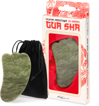 Zielona płytka Gua Sha z naturalnego jadeitu (kamienia młodości) w zestawie z woreczkiem i opakowaniem. Widok przodu.