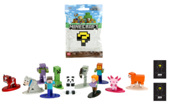 Metalowe figurki Minecraft, 4 cm, 13 postaci na czerwonych podstawkach. W tle biała saszetka niespodzianka z logo.