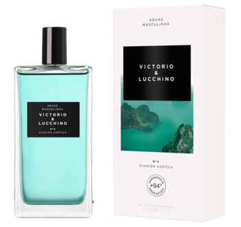 Victorio & Lucchino Nº4 Evasion Exotica woda toaletowa: turkusowa butelka i białe pudełko z pejzażem. Widok z przodu.