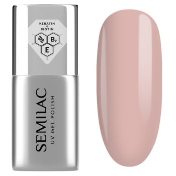 Butelka Semilac Care Base UV Gel Polish, wzmacniająca baza z biotyną, obok próbka w kolorze pudrowego różu.