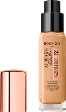 Bourjois Always Fabulous podkład Full Coverage z SPF 20, beżowa butelka z pompką, obok miedziana nakrętka.