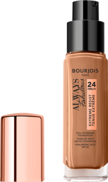 Kryjacy podklad Bourjois Always Fabulous SPF 20 w szklanej butelce z pompka, obok miedziana zakretka.