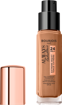 Kryjacy podklad Bourjois Always Fabulous SPF 20 w szklanej butelce z pompka, obok miedziana zakretka.