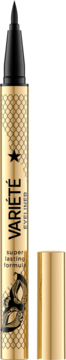 Eyeliner Variete czarny, super trwała formuła, złota obudowa z wzorem, otwarta, obok leży złota nakrętka.