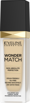 Eveline Wonder Match podkład, beżowy, 24H Satin Finish, Oil-Free, w szklanej butelce, widok z przodu.