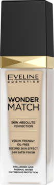 Eveline Wonder Match podkład w szklanej butelce z beżowym płynem, czarną nakrętką i złotymi detalami. Widok z przodu.