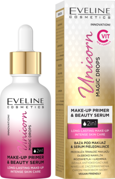 Eveline Unicorn Magic Drops, białe serum-baza 2w1 z dropperem i jego opakowanie, widok z przodu.