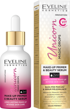 Eveline Unicorn Magic Drops, białe serum-baza 2w1 z dropperem i jego opakowanie, widok z przodu.