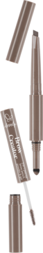 Lovely Brow Creator 3w1 nr 1: otwarta brązowa kredka, puder i tusz do brwi na czarnym tle.