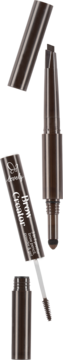 Lovely Brow Creator 3w1 nr 2: rozłożony ciemnobrązowy produkt do brwi, kredka, puder i tusz z aplikatorami na czarnym tle.