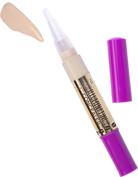 Rozświetlający korektor Lovely Illuminating Concealer, beżowy pen, fuksjowa nakrętka, złote detale, obok próbka.