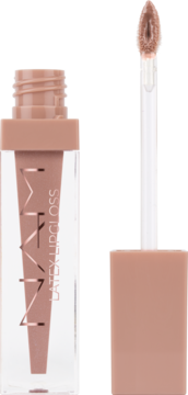 NAM Latex Lipgloss Rose Nude, butelka z aplikatorem wyjętym, widok z przodu. Lustrzany efekt.