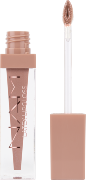 Błyszczyk NAM Latex Lipgloss Rose Nude w przezroczystej butelce z odkręconym, puszystym aplikatorem.