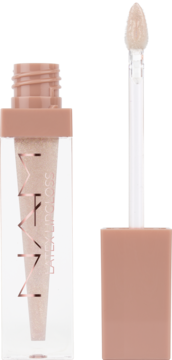 NAM Latex Lipgloss Soft Touch w beżowej przezroczystej butelce, obok wyjęty aplikator z błyszczykiem.