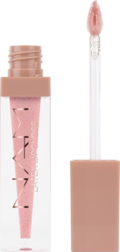 NAM Latex Lipgloss Great Love, różowo-beżowy, brokatowy błyszczyk w tubce. Otwarty, z widocznym aplikatorem.