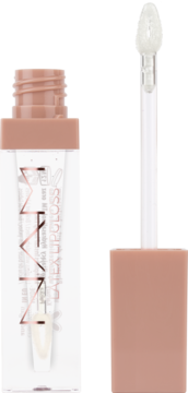 NAM Latex Lipgloss Crystal Clear, otwarty błyszczyk z różową nakrętką i aplikatorem z boku.