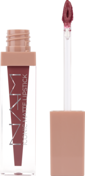 NAM Iconic Matte Lipstick w butelce, z beżową nakrętką i wyciągniętym aplikatorem z różowo-brązową pomadką.