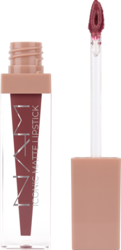 NAM Iconic Matte Lipstick w butelce, z beżową nakrętką i wyciągniętym aplikatorem z różowo-brązową pomadką.