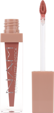 NAM Iconic Matte płynna pomadka #9 Mocha Nude. Przezroczysta butelka, aplikator z matową, brązową szminką.