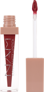 NAM Iconic Matte Lipstick w przezroczystej butelce z napisem, wysunięty aplikator z bordową, matową pomadką.