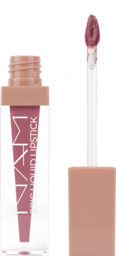 NAM Epic Liquid Lipstick w odcieniu Vintage Pink. Przezroczysta butelka z różową pomadką, beżową zakrętką i widocznym aplikatorem.