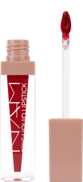 Czerwona pomadka NAM Epic Liquid Lipstick demi-matte, tubka z wyciągniętym aplikatorem, ujęcie z przodu.